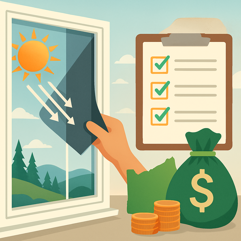 Person pulls a window shade to block the sun; a checklist and a bag of money with coins symbolize energy savings.